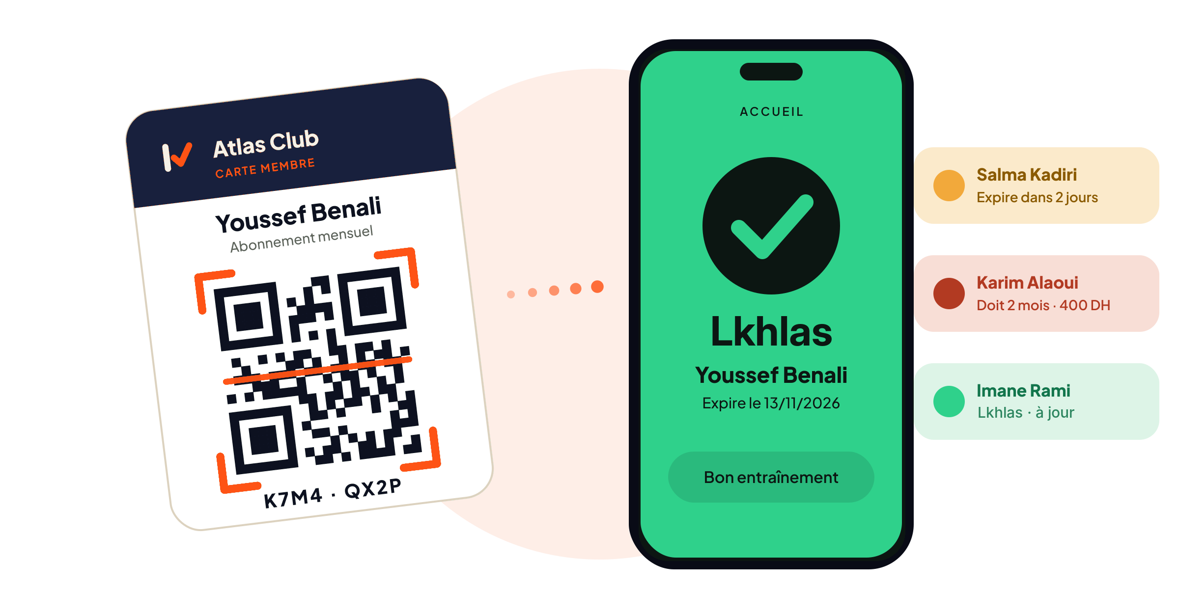 Carte membre QR scannée à l'accueil : résultat vert Lkhlas